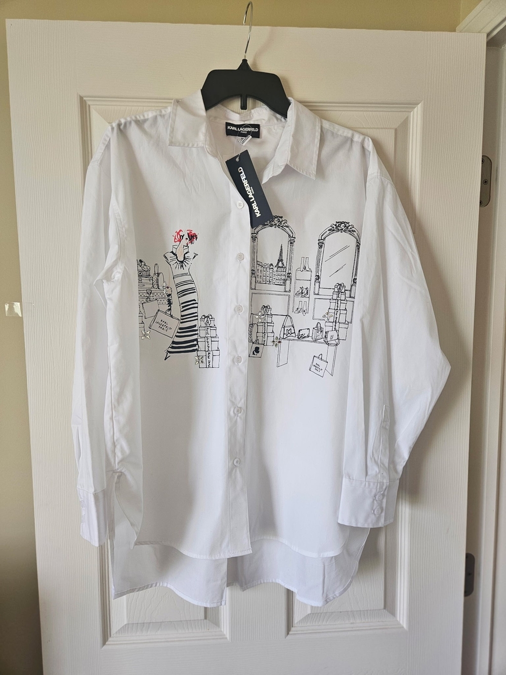 Karl Lagerfeld White Button-Down Shirt with Black Sketch and Red Details